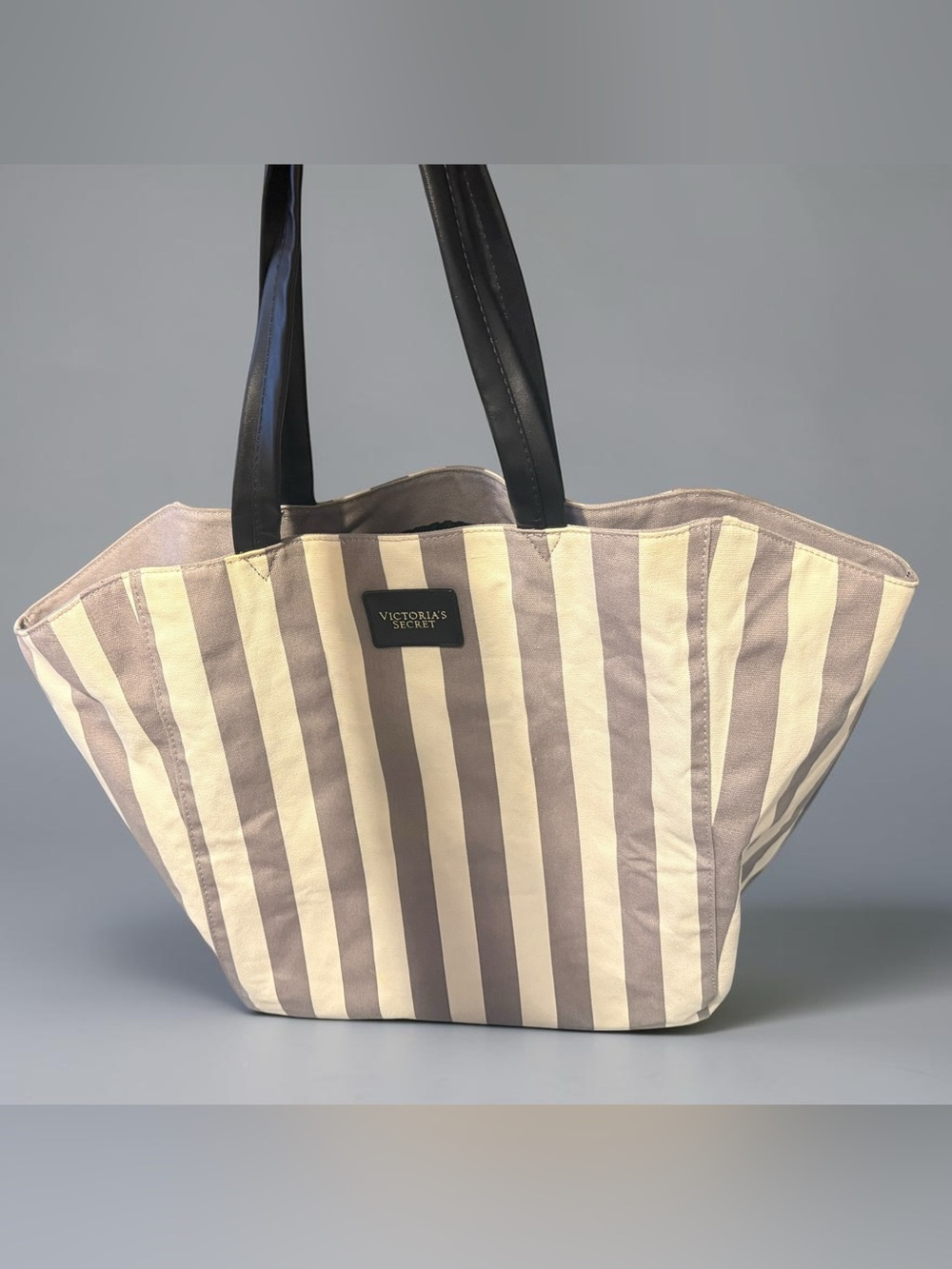 Victoria's Secret Canvas Stripe Tote in Cream and Grey with Black Handles